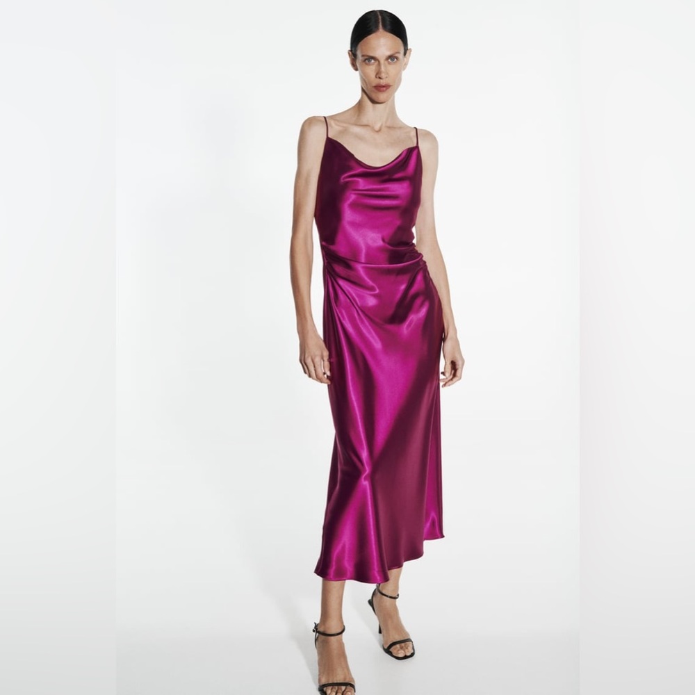ZARA Satin Effect Slip Dress - size M fuschia